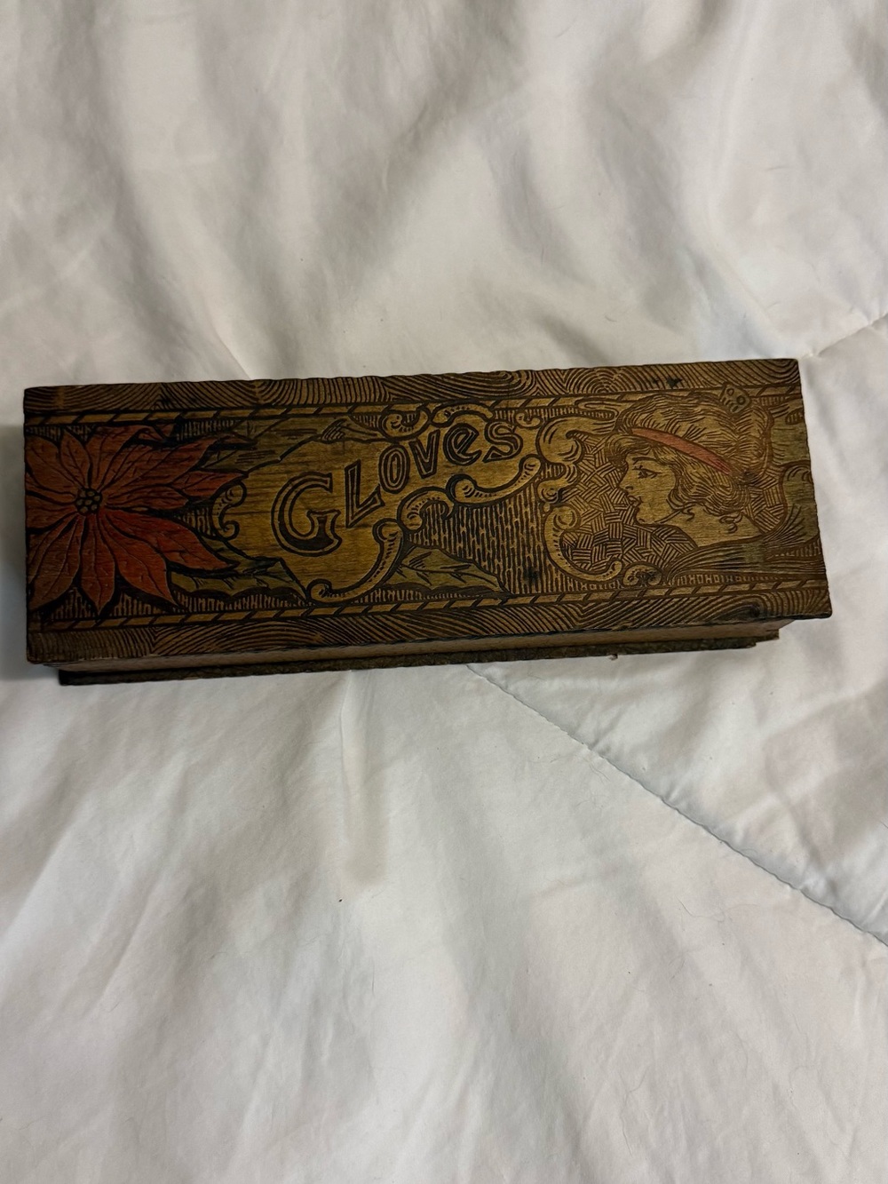 Decorative Brown Wooden Glove Box with Floral Engraving